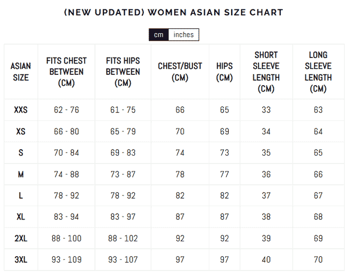 purpose size chart w